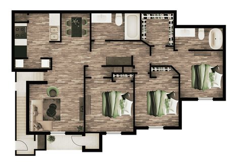 A floor plan of a house with a kitchen, living room, and two bedrooms.